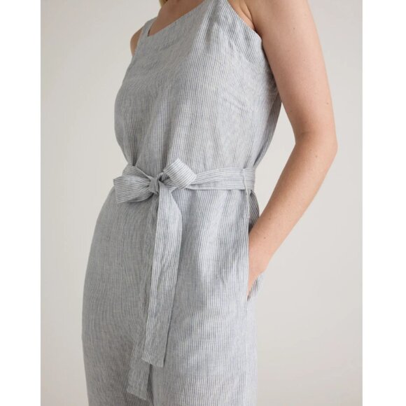 Quince Blue Pinstripe Linen Square Neck Jumpsuit Size Medium 26666 - Picture 2 of 16